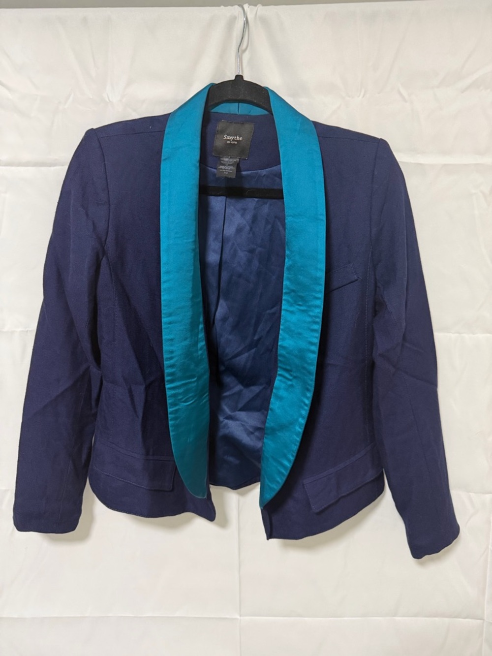 Smythe Navy Blazer with Teal Satin Shawl Collar